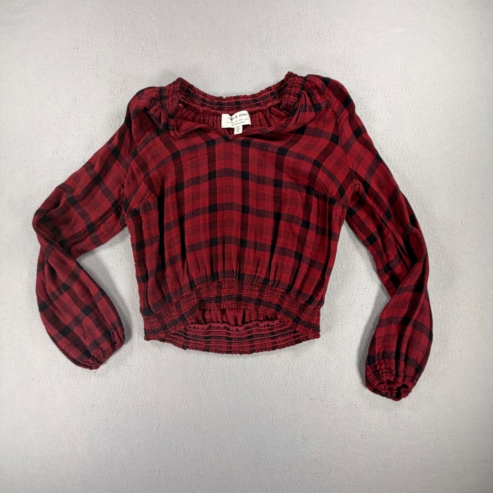 Cloth & Stone Anthropologie Womens XS Red Black Plaid Smocked Long Sleeve Blouse